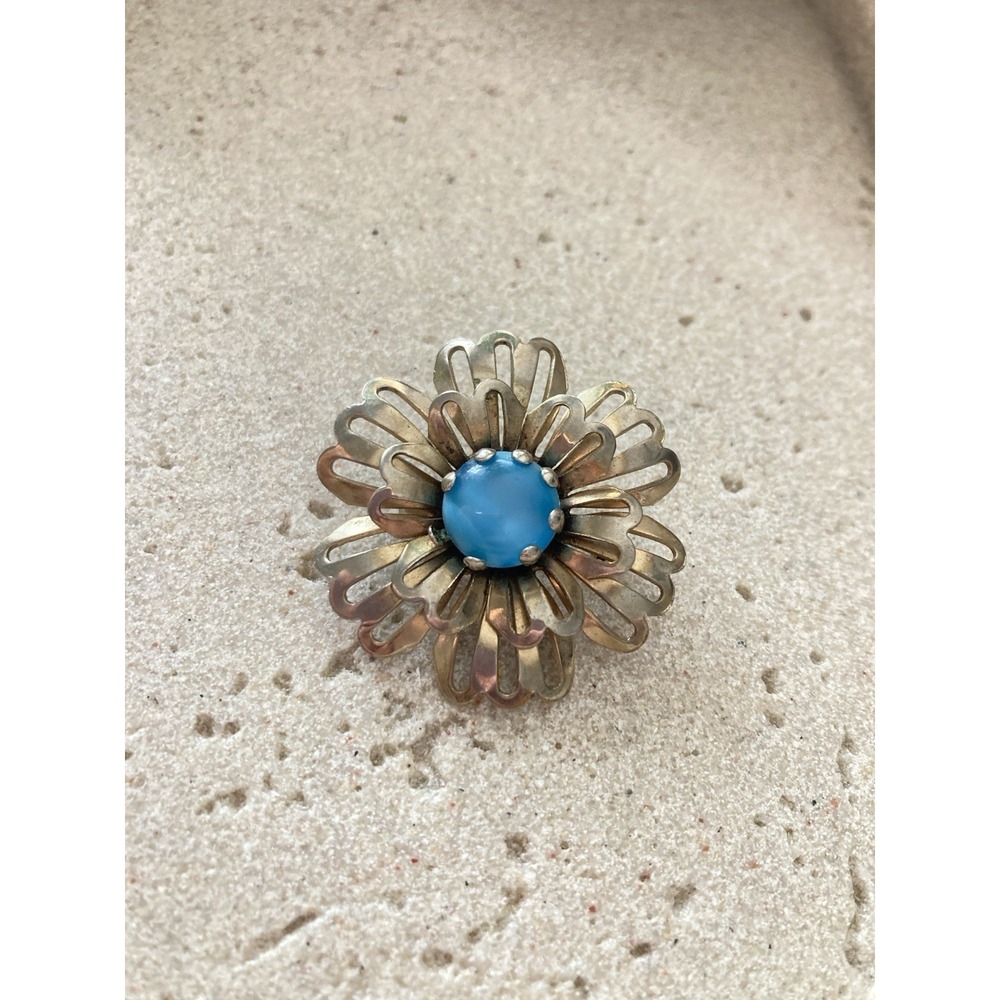 Vintage Flower Brooch Faux Turquoise Cabochon Layered Openwork Petal Silver Tone